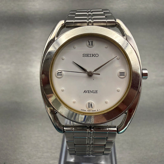 Seiko Avenue Watch Men 32mm White Dial Silver Tone Round 7N01-6680 New Battery0