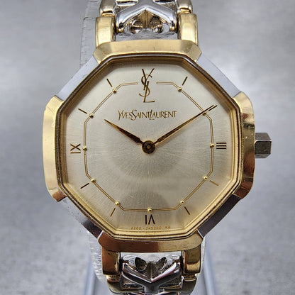 Yves Saint Laurent Watch Women 23mm Champagne Dial Tow Tone Octagon New Battery1
