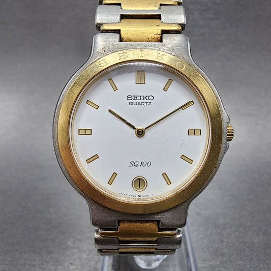 Seiko SQ 100 Watch Men 34mm White Dial Two Tone Date 5p29-6a50 New Battery