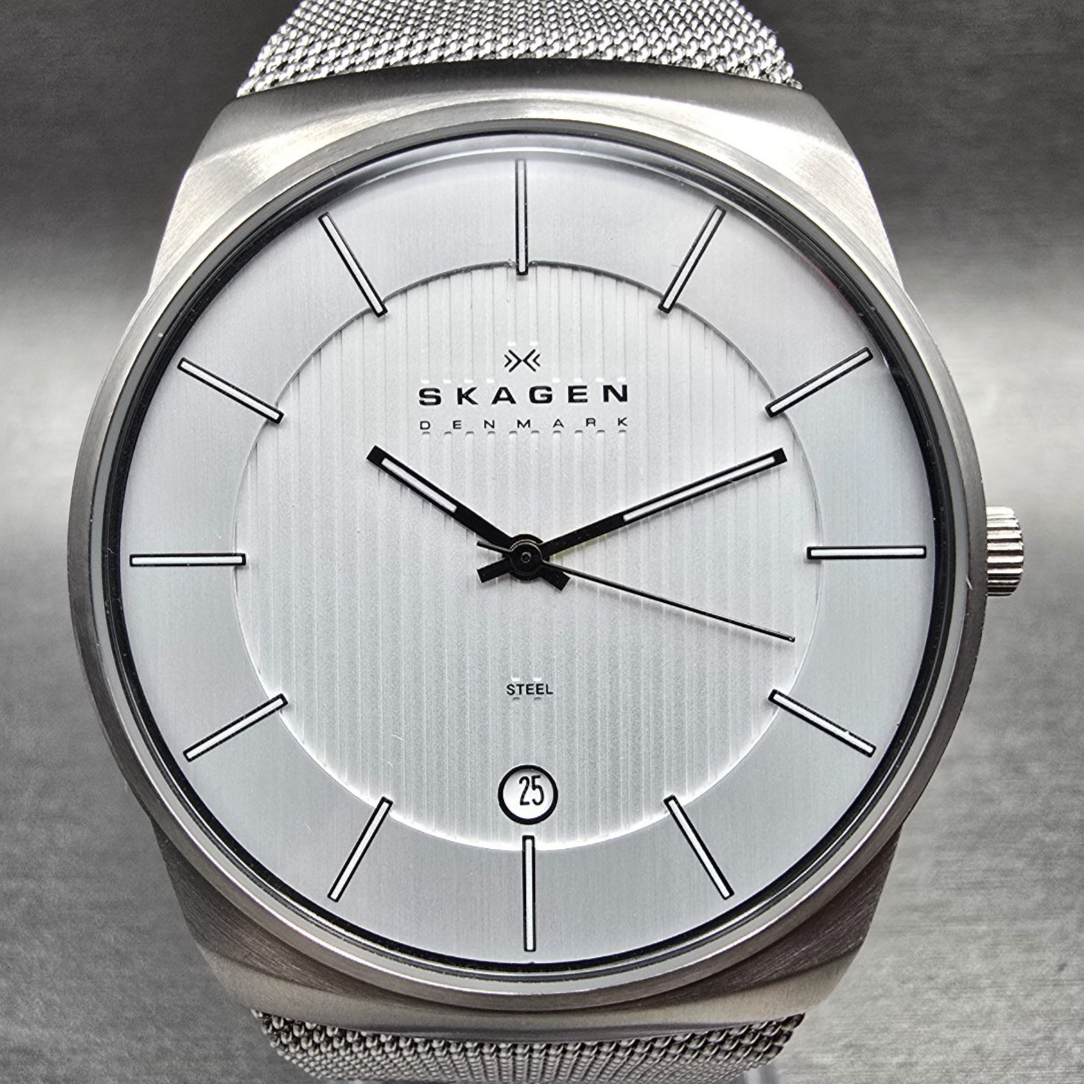Skagen Watch Men 40mm Silver Dial Silver Tone Date Round 780XLSS New Battery2