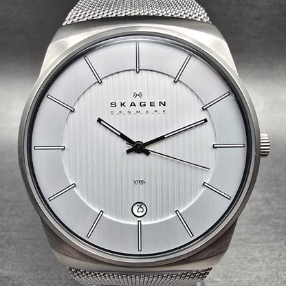 Skagen Watch Men 40mm Silver Dial Silver Tone Date Round 780XLSS New Battery2