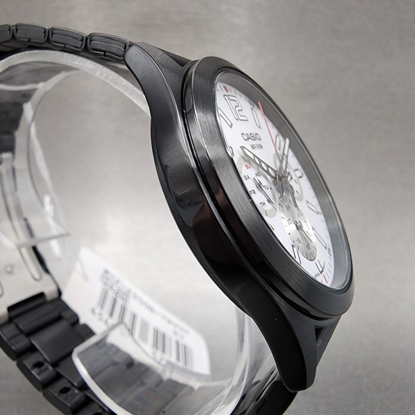 Casio MTP-E350 Watch Men 39mm White Dial Black Steel Daydate Metal Bracelet