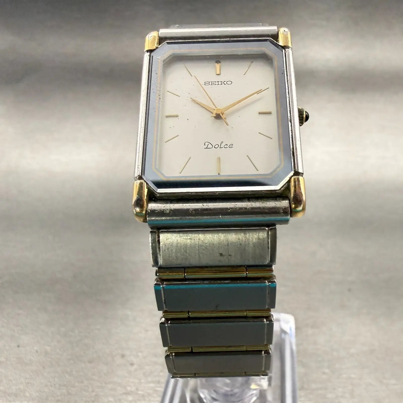 Seiko Dolce Watch Men 25mm Silver Dial Two Tone Rectangle 7741-5050 New Battery5