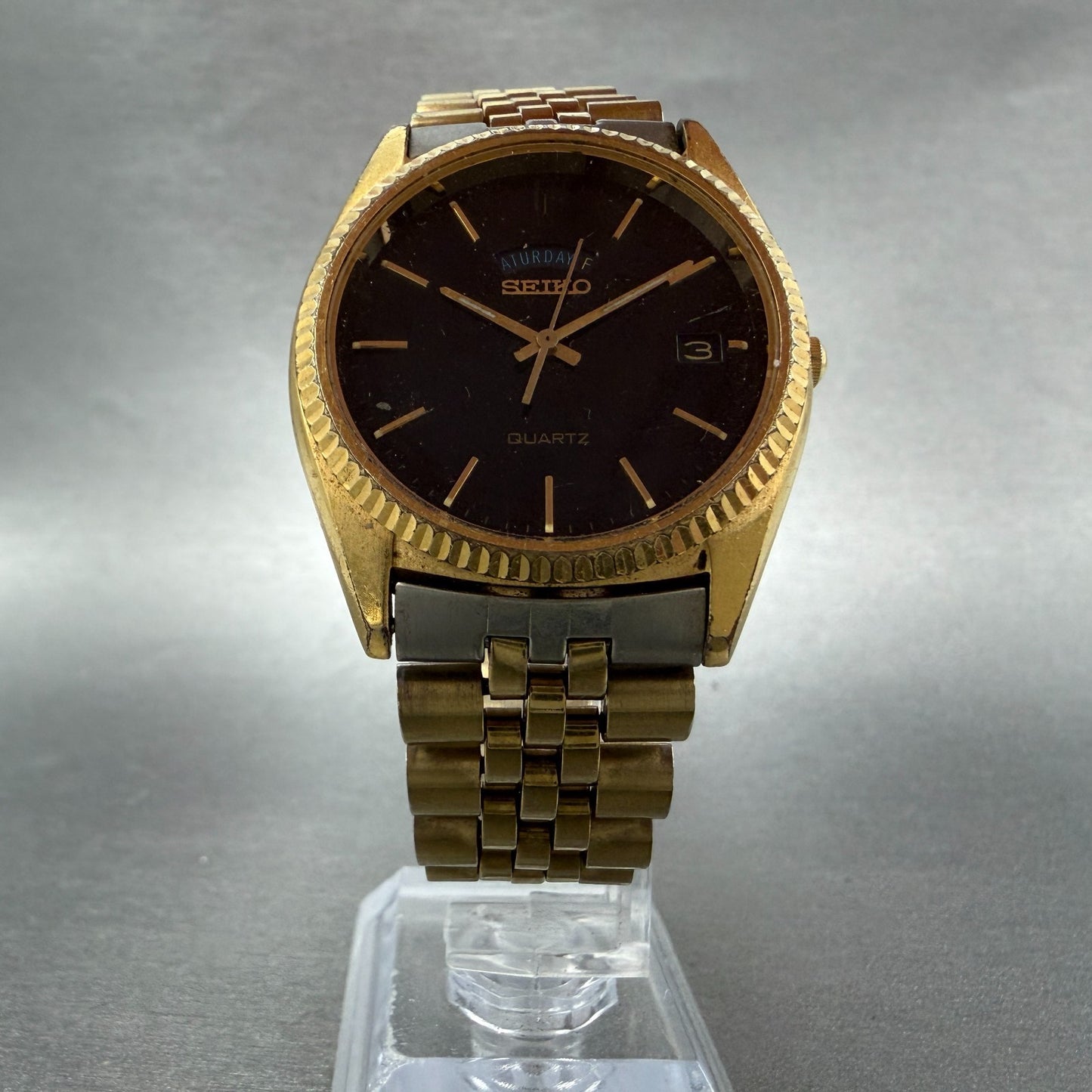 Seiko President Watch Men 36mm Black Dial Gold Tone Daydate 7n43-8119 PARTS VTG6
