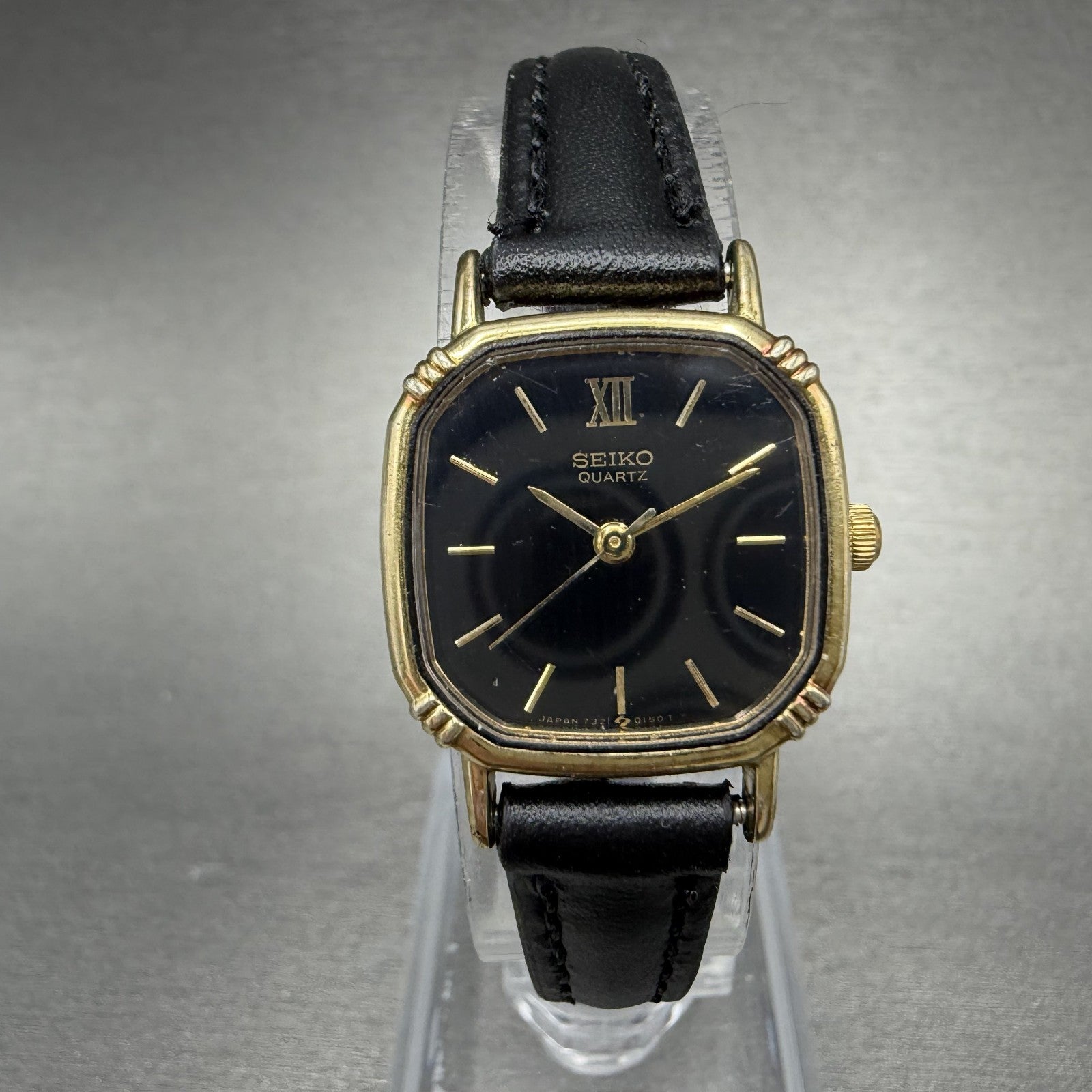 Seiko Watch Women 20mm Black Dial Gold Tone Square 7321-507a New Battery INUH0