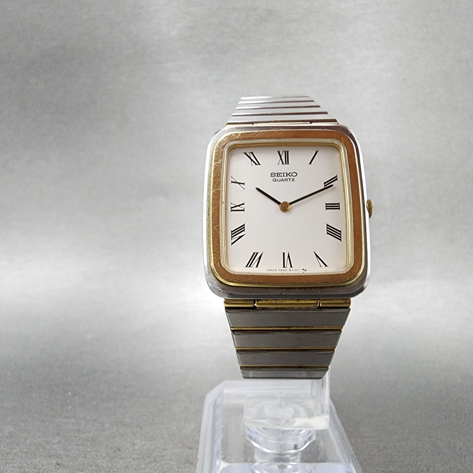 Seiko Tank Watch Men 27mm White Dial Two Tone Rectangle 74305450 New Battery5