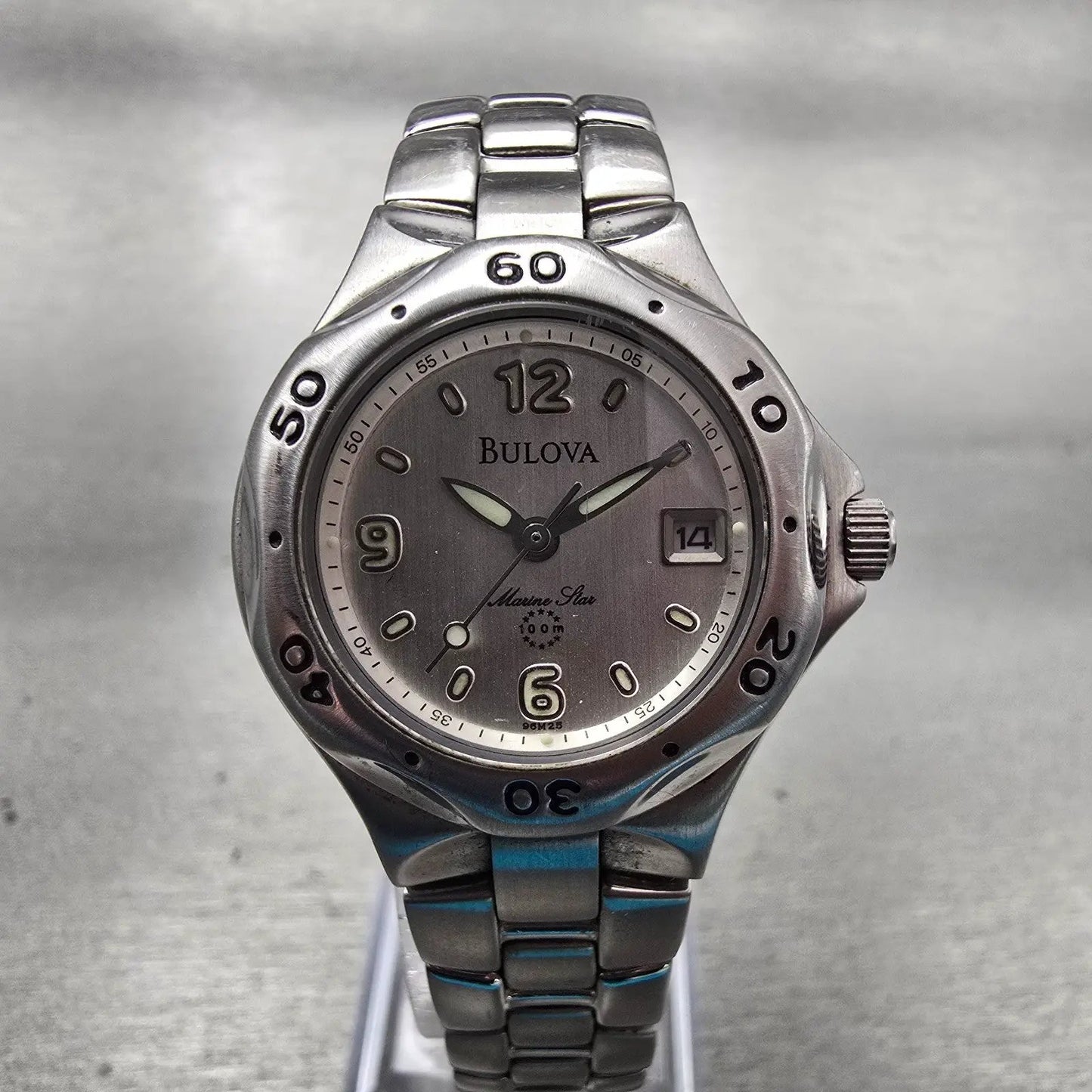 Bulova Marine Star Watch Women 28mm Silver Dial Silver Tone Date 96M25 New Batt0