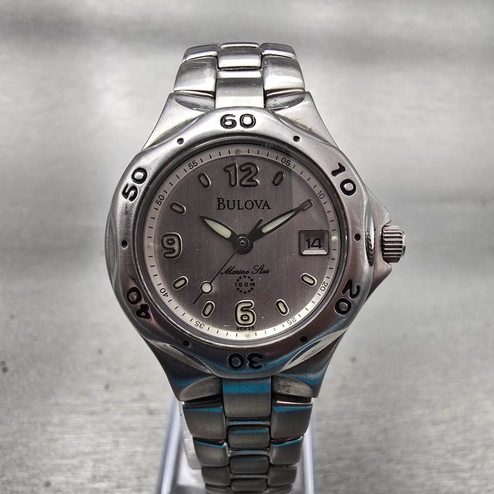 Bulova Marine Star Watch Women 28mm Silver Dial Silver Tone Date 96M25 New Batt0