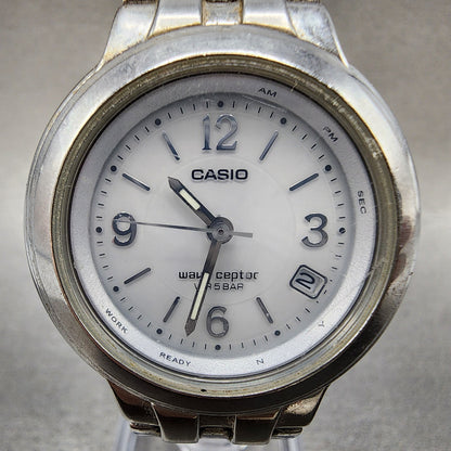 Casio Waveceptor Watch Women 33mm White Dial Silver Tone Date Round Runs READ!!!1
