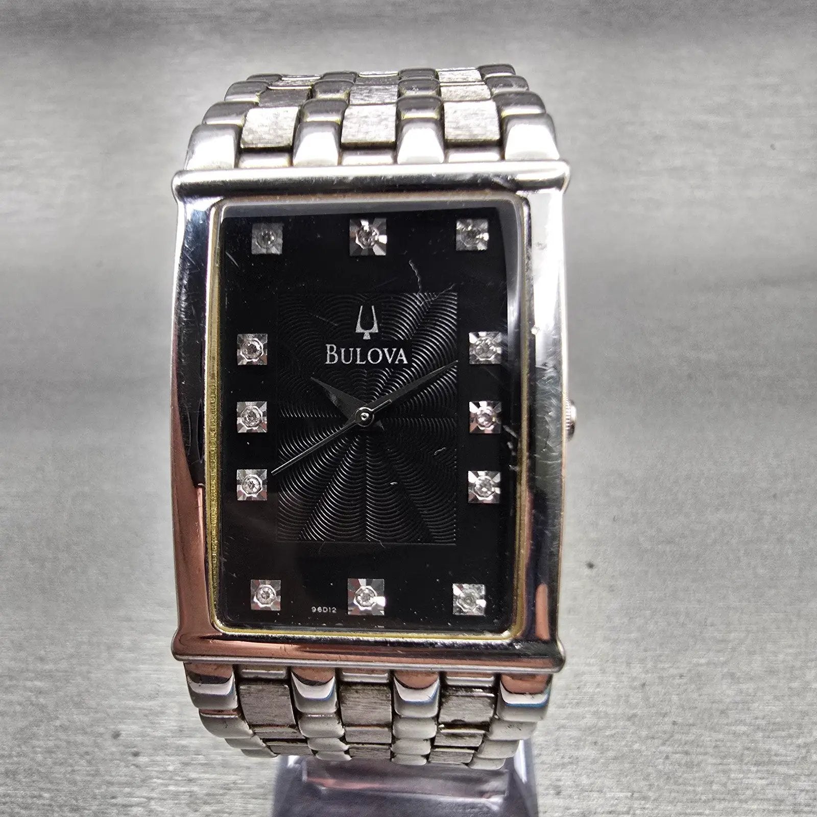 Bulova Watch Men 25mm Black Dial Silver Tone Gemmed Rectangle 96D12 New Batt0