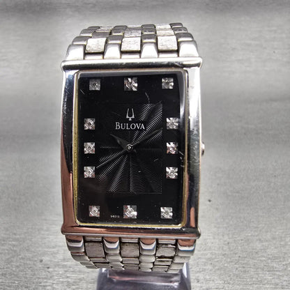 Bulova Watch Men 25mm Black Dial Silver Tone Gemmed Rectangle 96D12 New Batt0