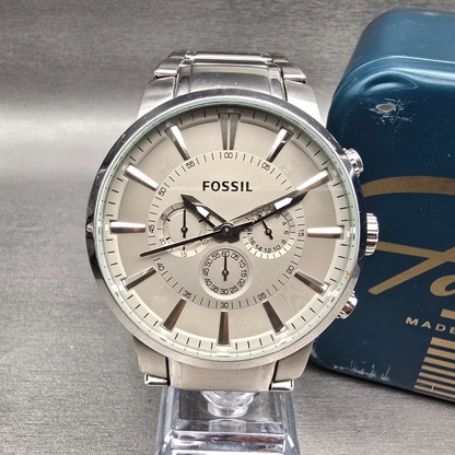Fossil Chronograph Watch Men 48mm Silver Dial Silver Tone Round FS4359 New Batt0