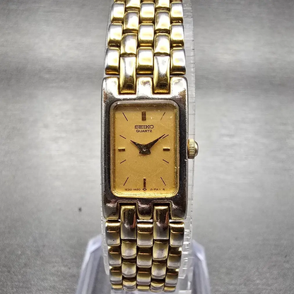 Seiko Tank Watch Women 13mm Gold Dial Gold Tone Rectangle 1E20-5839 New Battery0