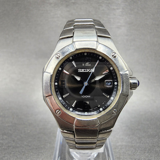 Seiko Watch Women 26mm Black Dial Silver Tone Date Round 7N82-0BE0 New Battery