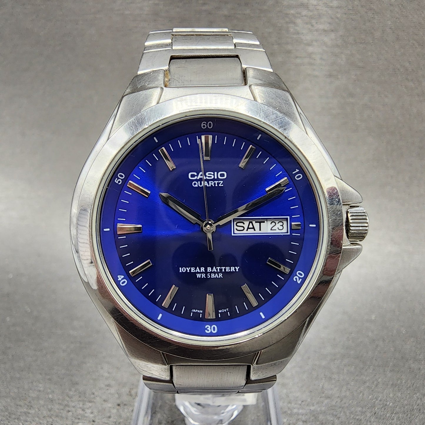 Casio Watch Men 38mm Blue Dial Silver Tone Daydate MTP1228D New Battery0