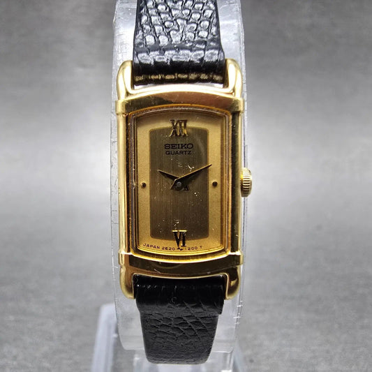 Seiko Tank Watch Women 12mm Champagne Dial Gold Tone 2E20-5969 New Battery VTG0