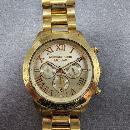 Michael Kors Layton Watch Men 44mm Champange Dial Gold Tone Date Round READ!!!!!0