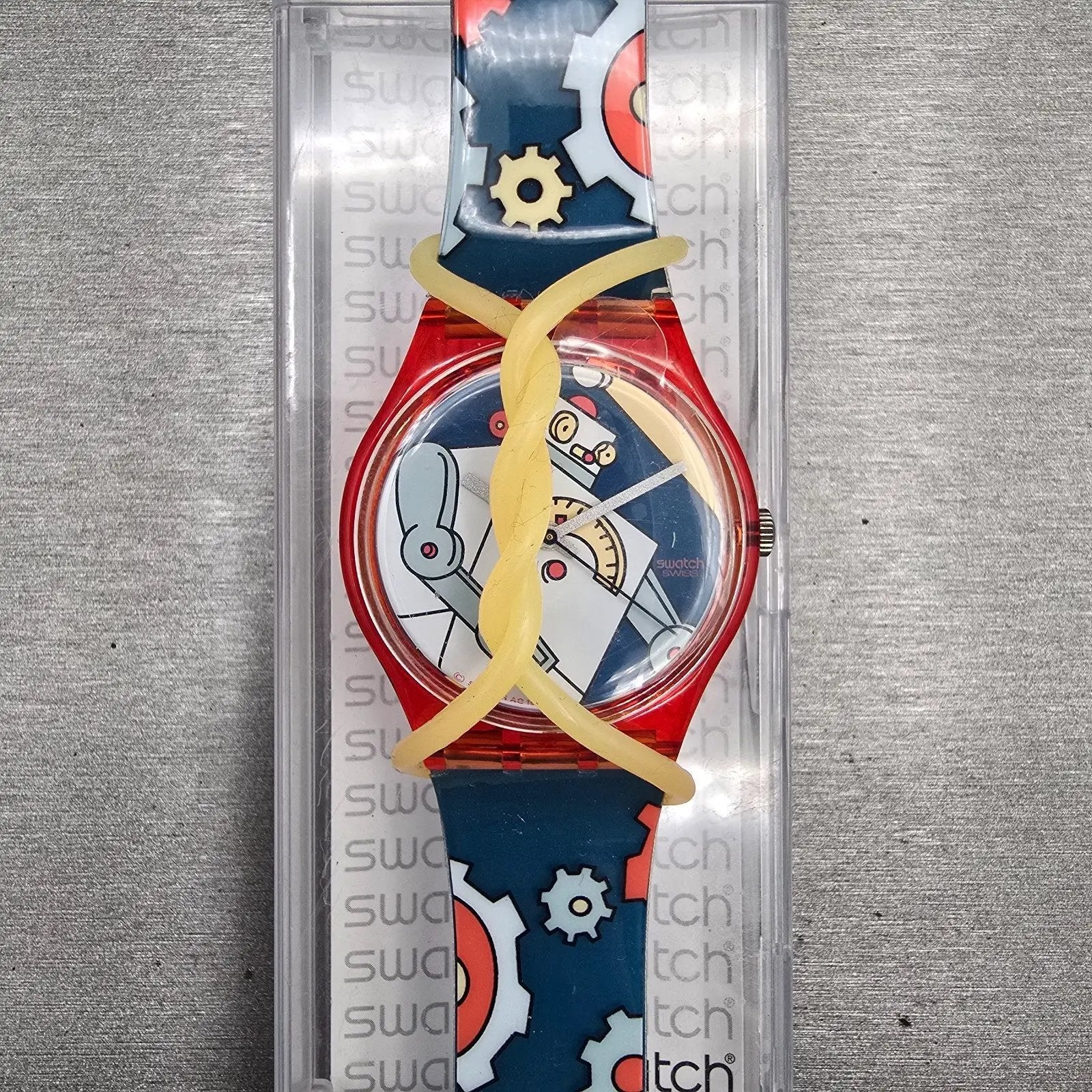Swatch Gent Roboboy Watch Men 34m Blue Dial Red Case Round GR135 New Battery VTG0