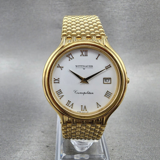 Wittnauer Cosmopolitan Watch Men 34mm White Dial Gold Tone Date Round New Batt0