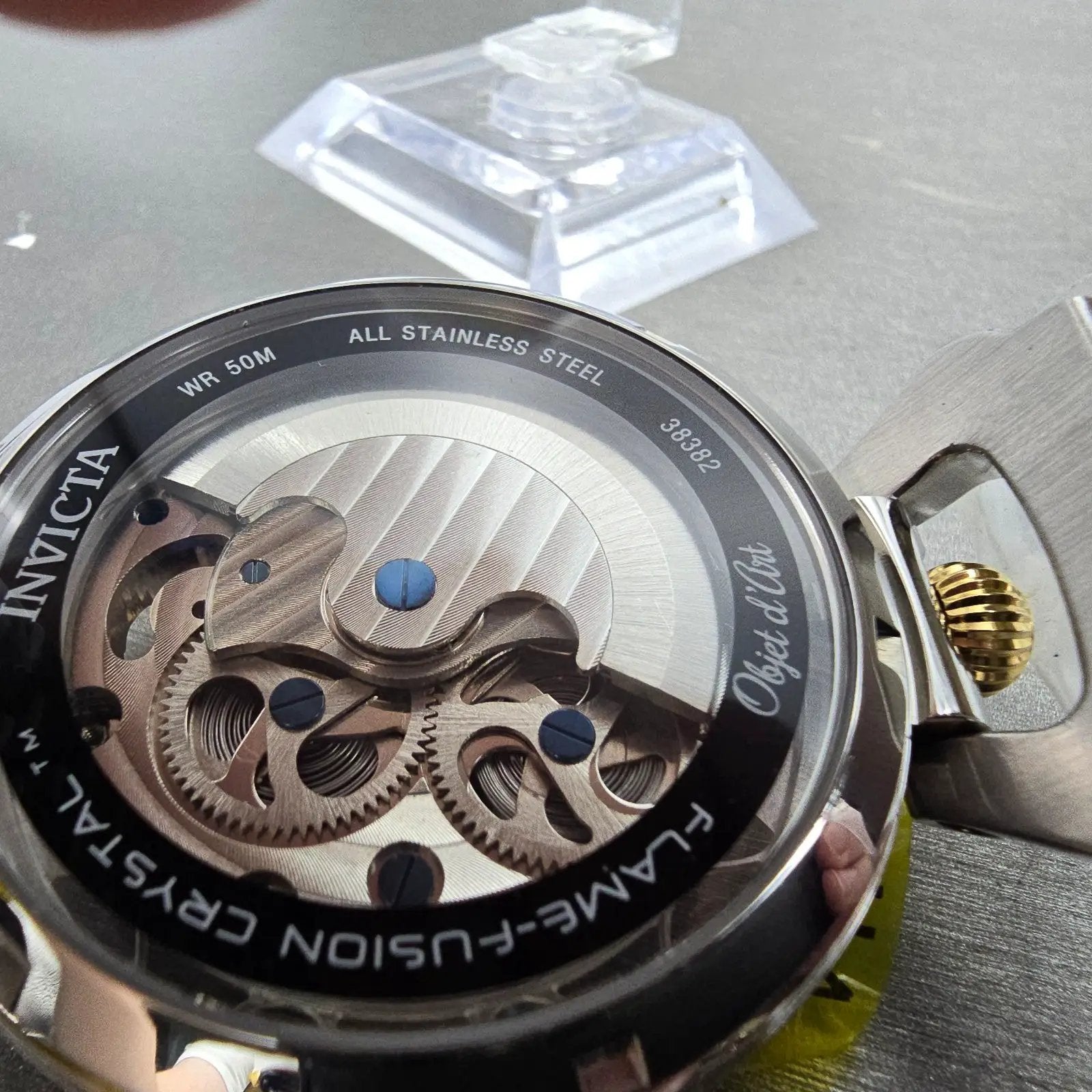 Invicta Objet D'Art Automatic Skeleton Watch Men 46mm Two Tone Dual Time Runs9