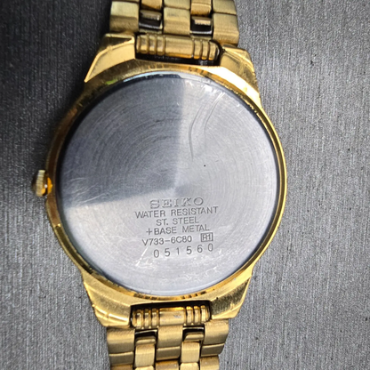 Seiko Watch Men 34mm White Dial Gold Tone Daydate Round V733-6C80 New Battery10