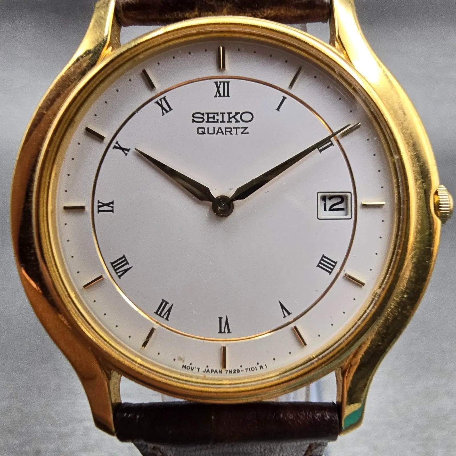 Seiko Watch Men 35mm White Dial Gold Tone Date Round 7N29-7051 New Battery VTG1