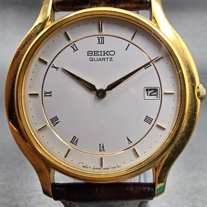 Seiko Watch Men 35mm White Dial Gold Tone Date Round 7N29-7051 New Battery VTG1