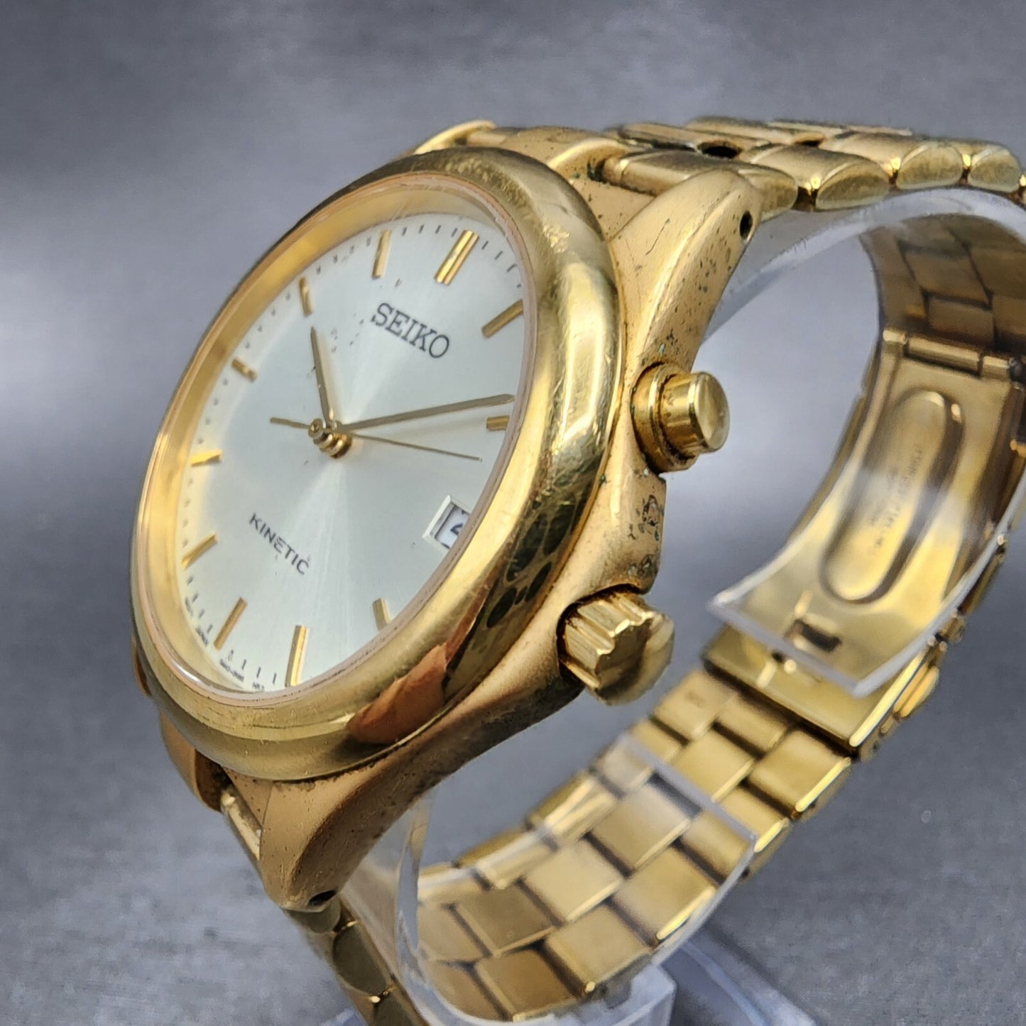 Seiko Kinetic Watch Men 38mm White Dial Gold Tone Date Round 5M420K69 PARTS3