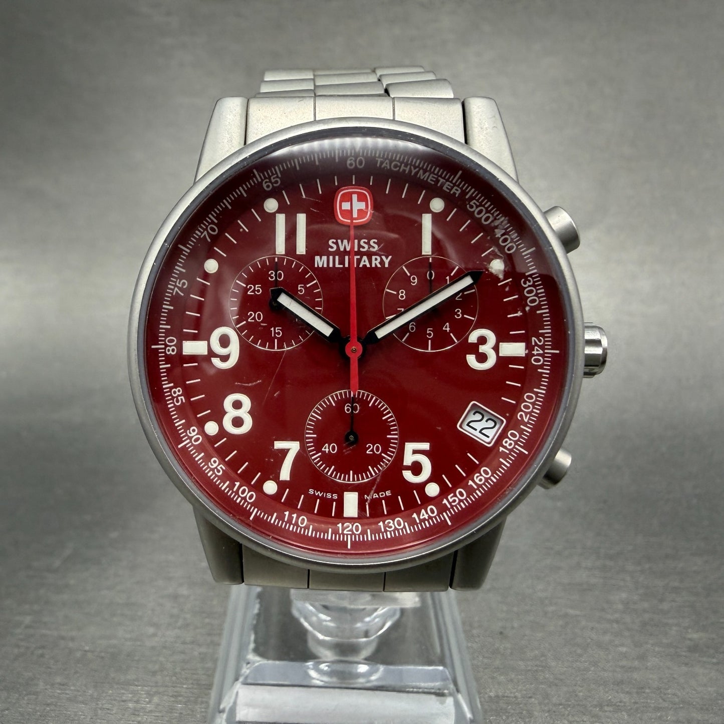 Swiss Military Chronograph Watch Men 39mm Red Dial Steel Date 536.0766 New Bat0