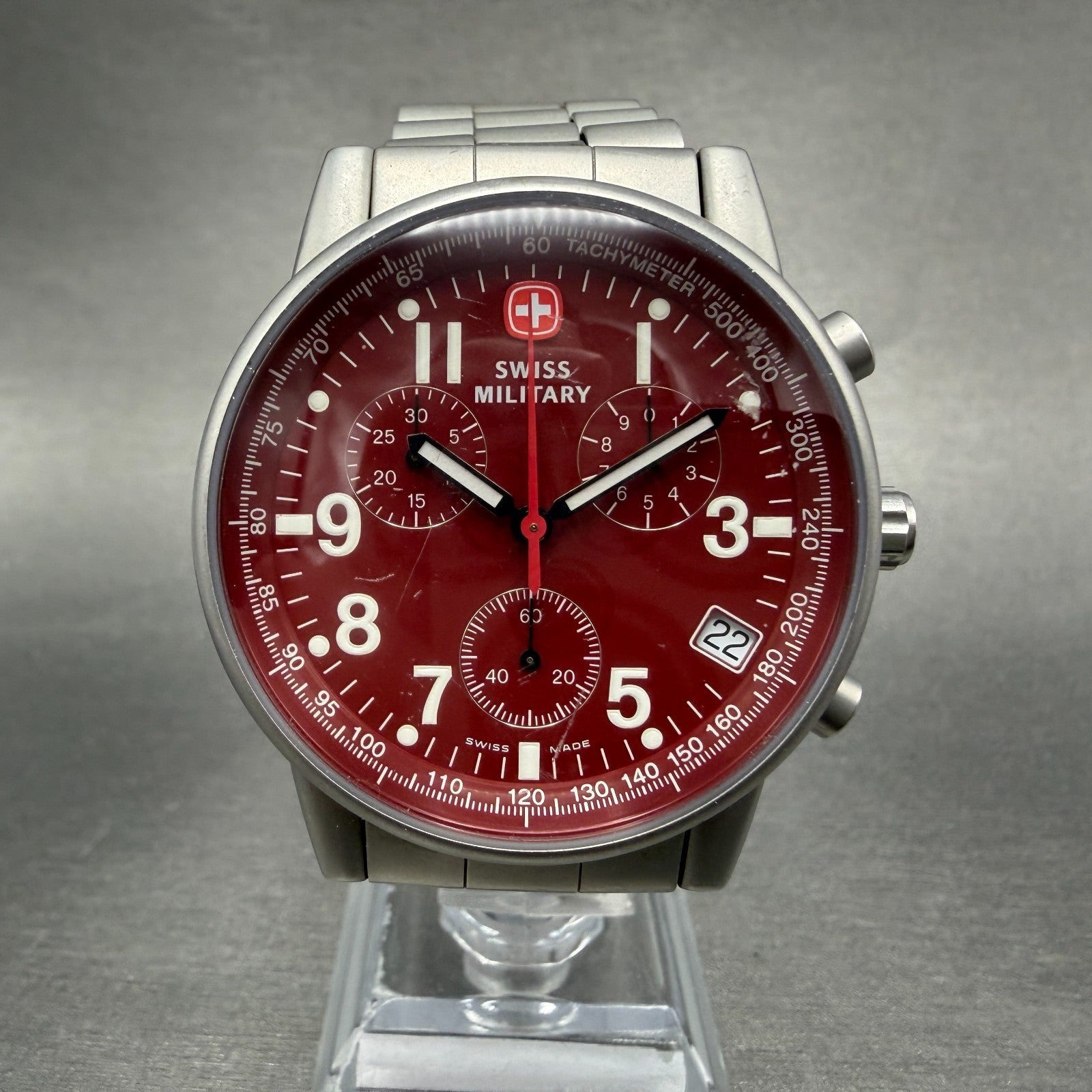 Swiss Military Chronograph Watch Men 39mm Red Dial Steel Date 536.0766 New Bat0