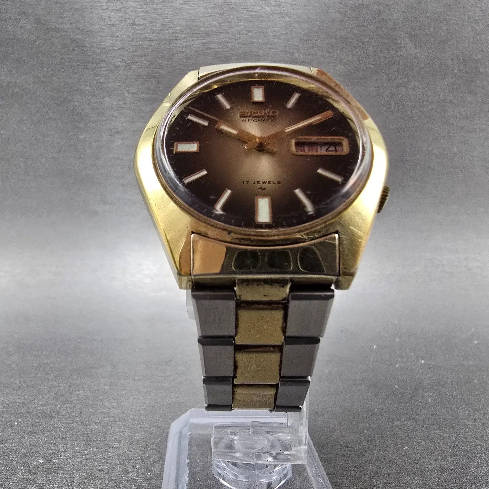 Seiko Automatic Watch Men 38mm Brown Dial Two Tone Daydate 7009-8049 Runs5