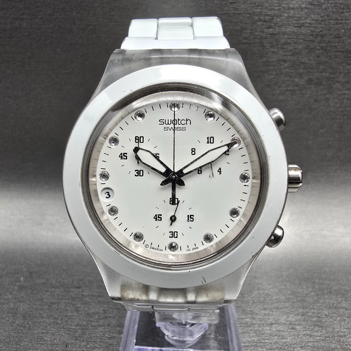 Swatch Irony Diaphane Full-Blooded Chrono Watch Men 43mm White Dial Clear NewBat0