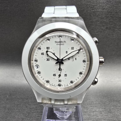Swatch Irony Diaphane Full-Blooded Chrono Watch Men 43mm White Dial Clear NewBat0