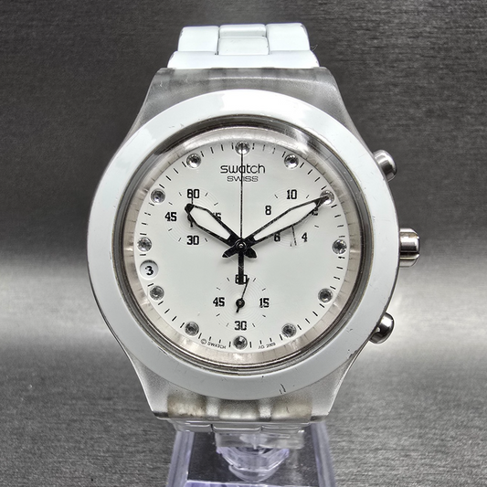 Swatch Irony Diaphane Full-Blooded Chrono Watch Men 43mm White Dial Clear NewBat0