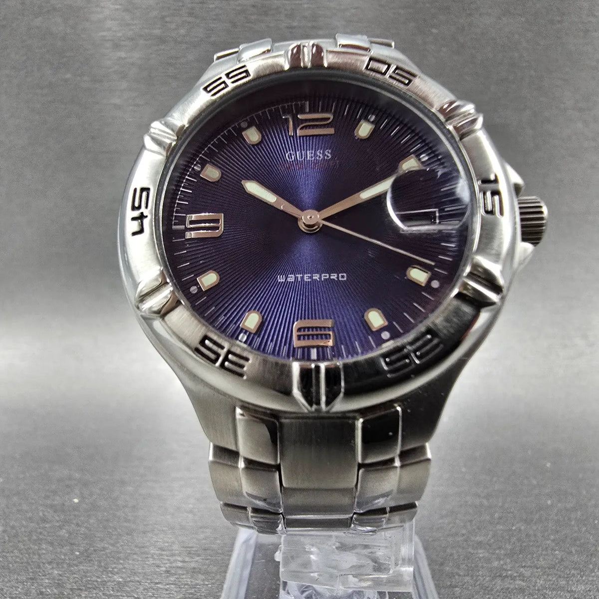 Guess Waterpro Watch Men 38mm Blue Dial Steel Date Round G65131G New Battery5