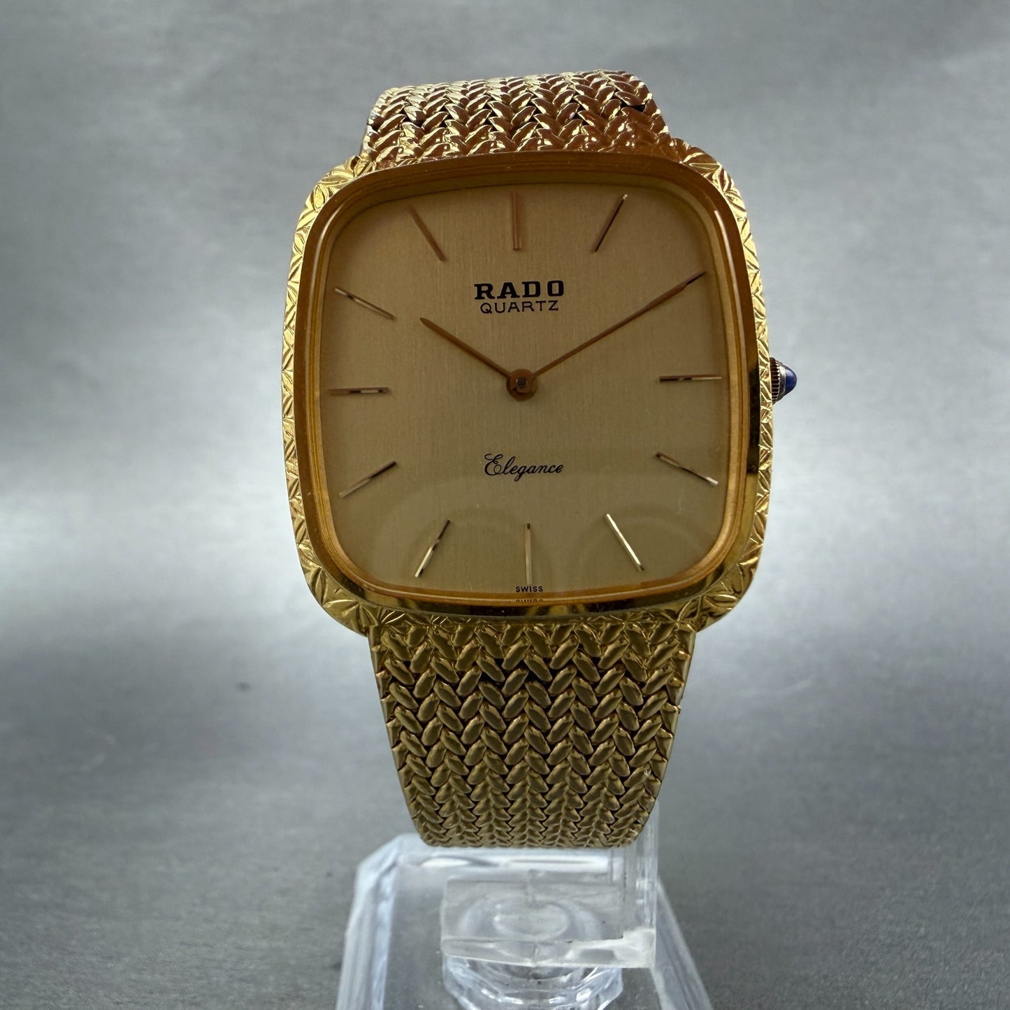 Rado Elegance Watch Men 30mm Gold Dial Gold Tone Rectangle 128.9005.2 New Batt5