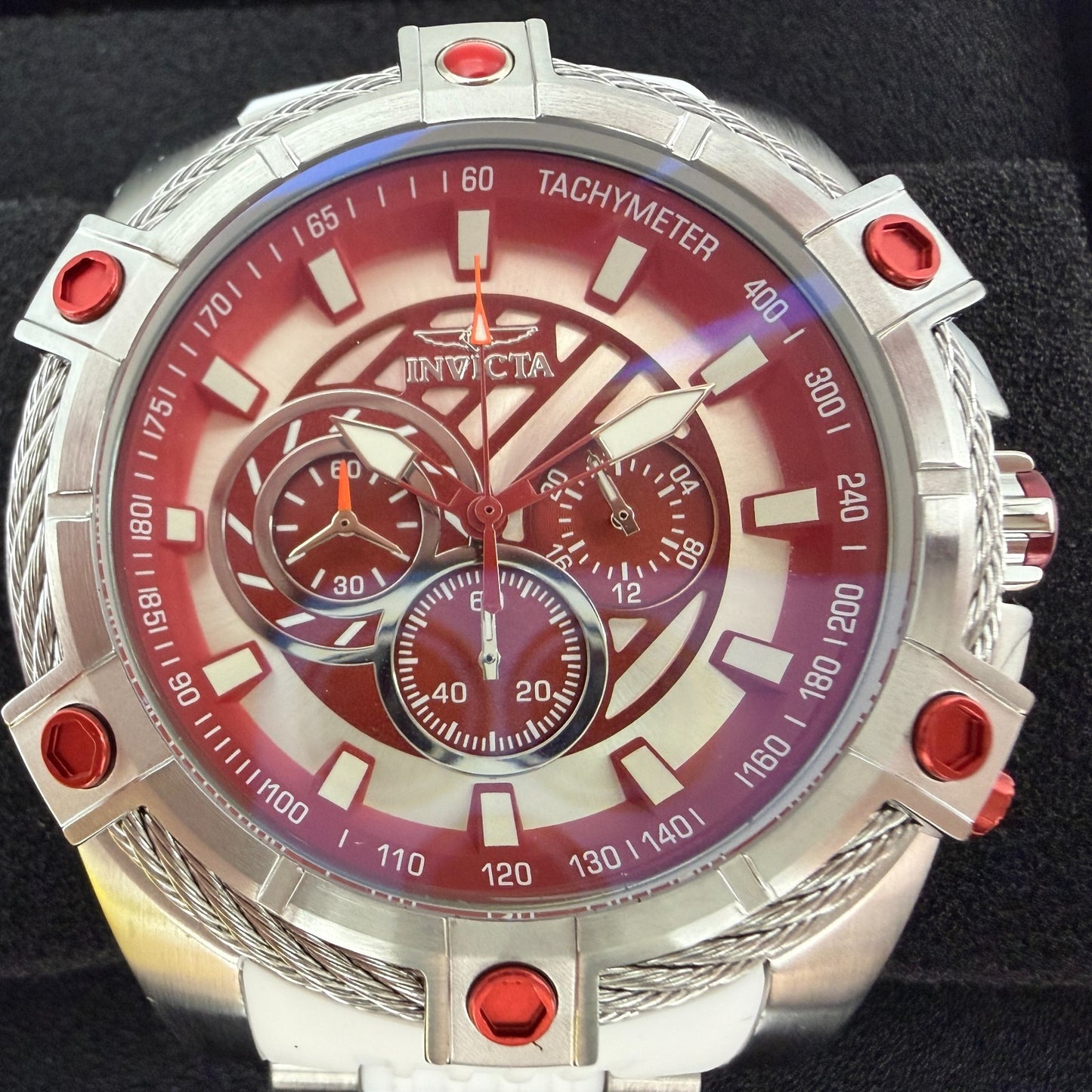 Invicta Bolt Chronograph Watch Men 53mm Red Dial Steel Round 46382 Rubber Band1