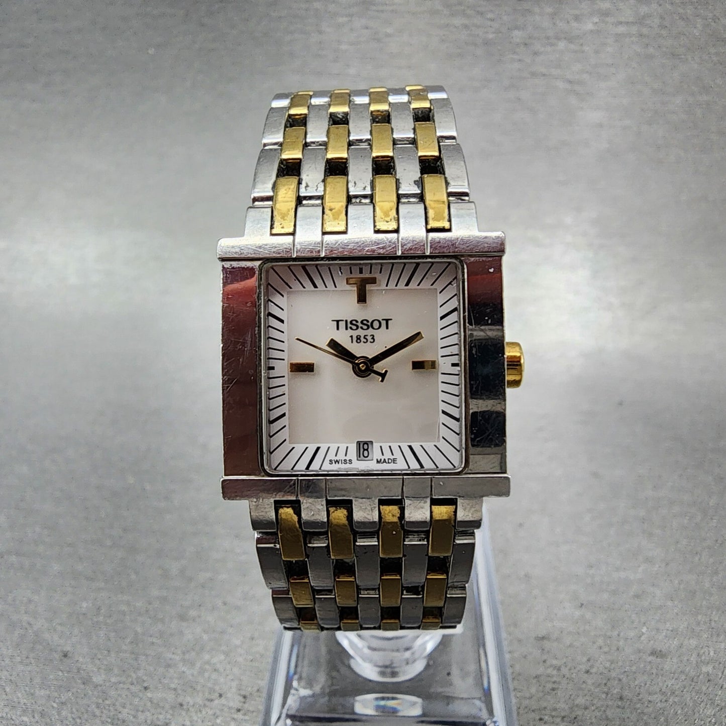 Tissot SixT Tank Watch Women 23mm MOP Dial Two Tone Date Rectangle New Battery0