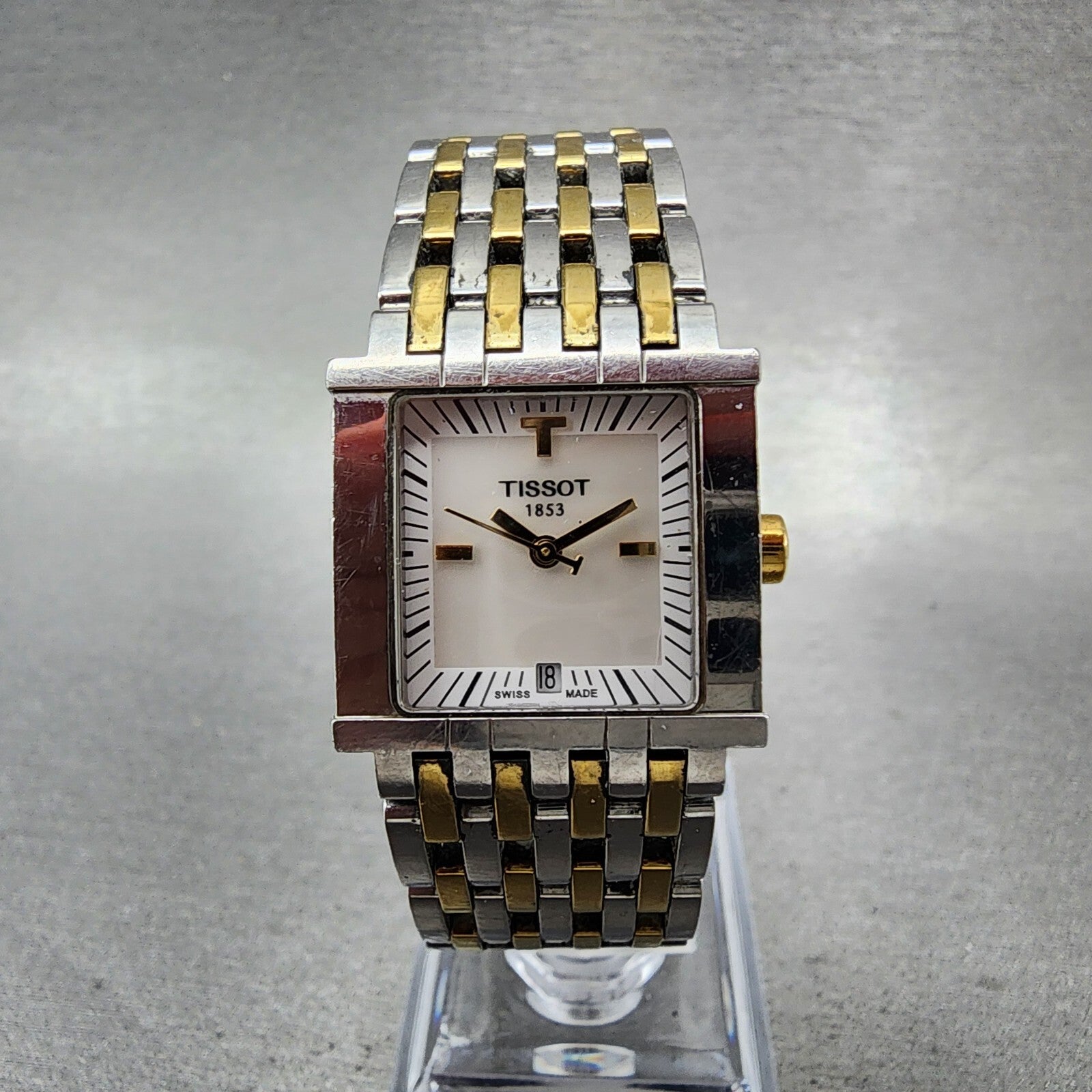 Tissot SixT Tank Watch Women 23mm MOP Dial Two Tone Date Rectangle New Battery0