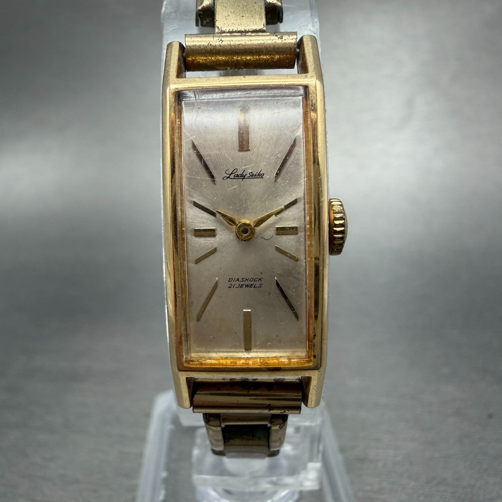 Seiko Lady Seiko Tank Watch Women 13mm Silver Dial Gold Tone Manual 4044H Runs0