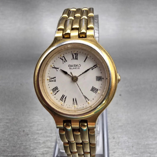 Seiko Watch Women 24mm White Dial Gold Tone Round 3Y02-0B50 New Battery Vintage0