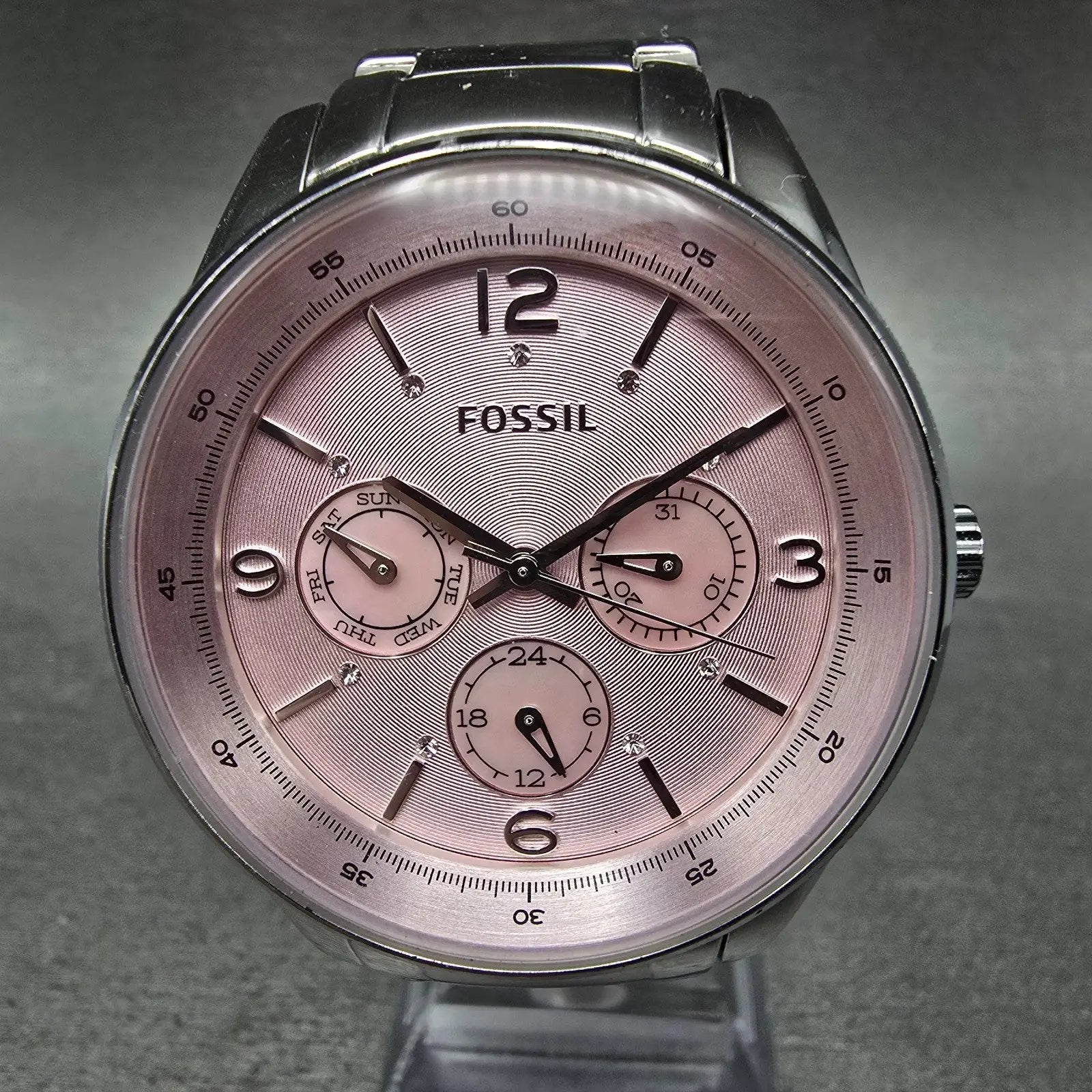 Fossil Watch Women 40mm Pink MOP Dial Silver Tone Daydate BQ1405 New Battery0