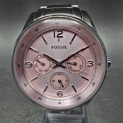 Fossil Watch Women 40mm Pink MOP Dial Silver Tone Daydate BQ1405 New Battery0
