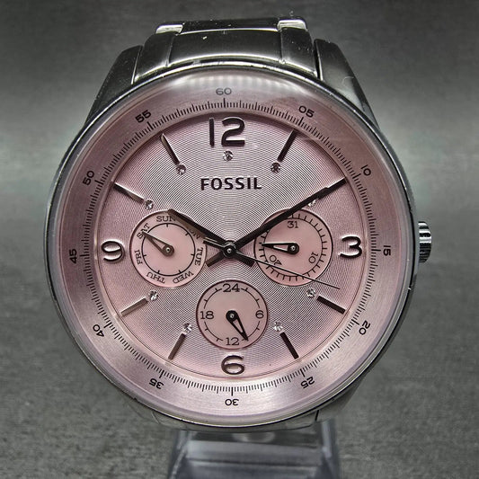 Fossil Watch Women 40mm Pink MOP Dial Silver Tone Daydate BQ1405 New Battery0