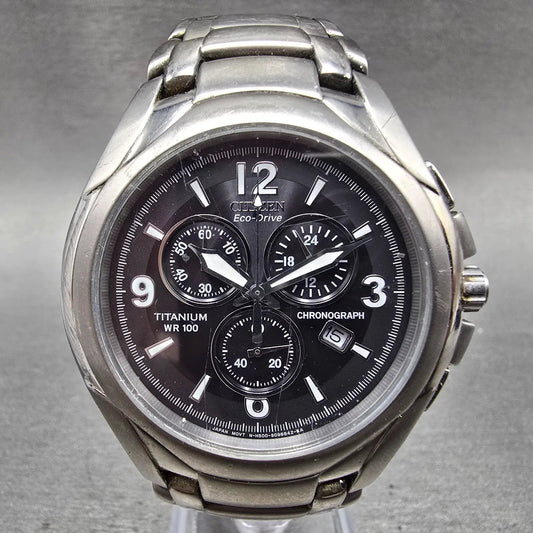 Citizen Eco-Drive Chronograph Watch Men 43mm Black Dial Titanium Date Round0