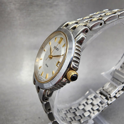 Seiko Watch Women 27mm White Dial Two Tone Date Round 7N820BR0 New Battery2