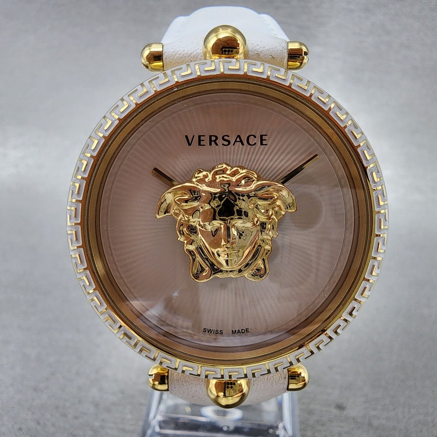 Versace Palazzo Watch Women 39mm White Dial Gold Tone Round Leather Band New Bat1