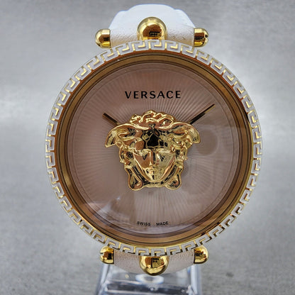 Versace Palazzo Watch Women 39mm White Dial Gold Tone Round Leather Band New Bat1
