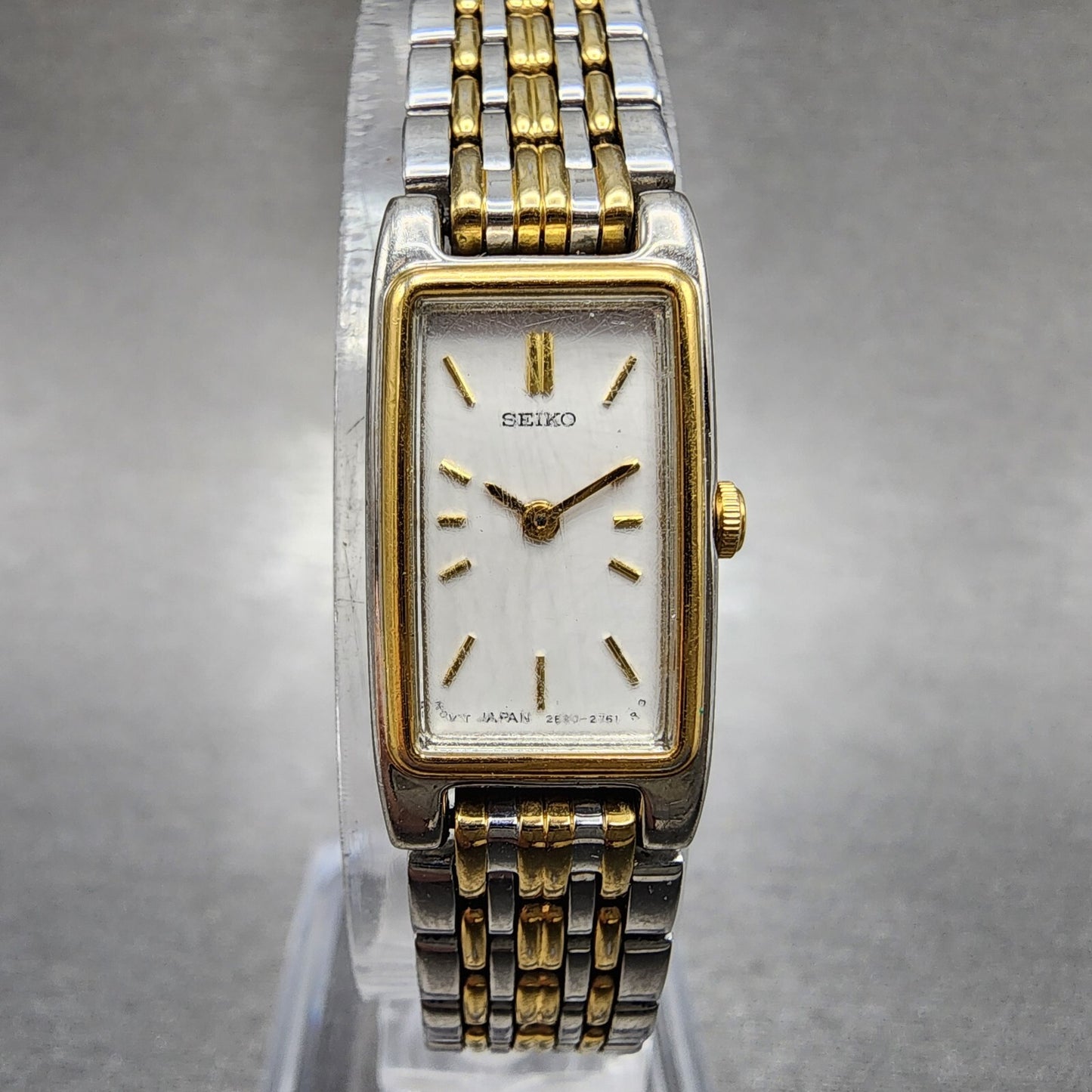 Seiko Tank Watch Women 13mm White Dial Two Tone Rectangle 2e207021 New Battery0