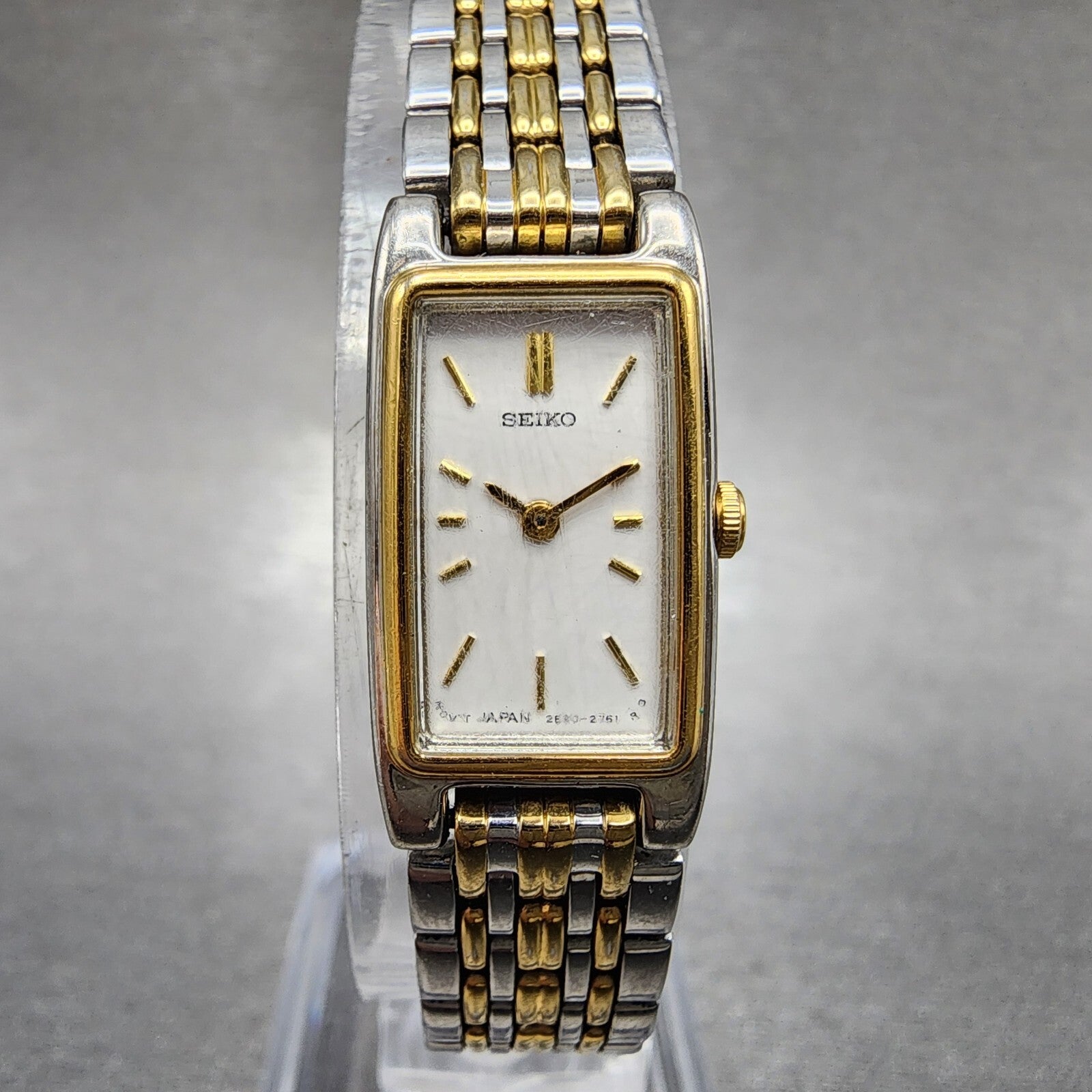 Seiko Tank Watch Women 13mm White Dial Two Tone Rectangle 2e207021 New Battery0